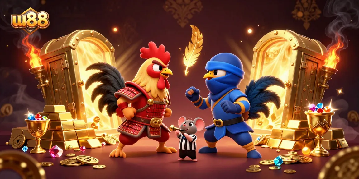 Engage in thrilling competition at uu88 with dynamic fighting roosters in a stunning casino scene.