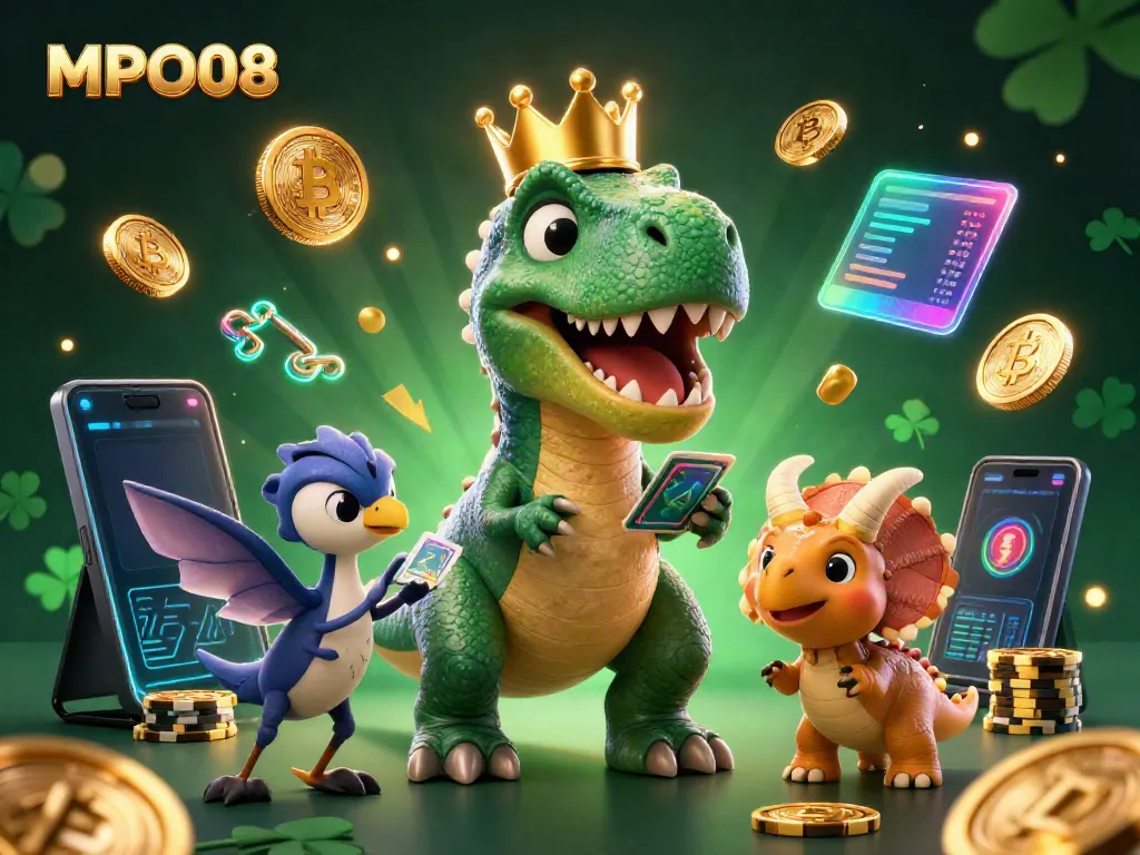 MPO08 showcases a T-Rex shuffling cards with a pterodactyl and a triceratops stacking chips in a vibrant casino scene.