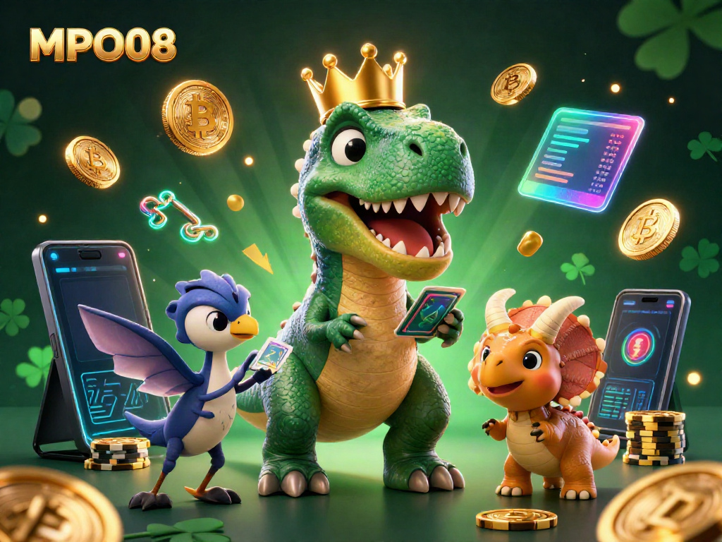 MPO08 showcases a T-Rex shuffling cards with a pterodactyl and a triceratops stacking chips in a vibrant casino scene.