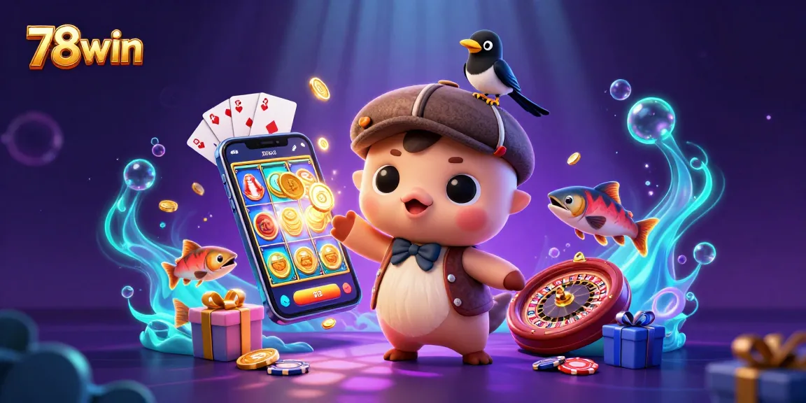 Experience thrilling gaming with 78win's vibrant casino illustration featuring Nessie, gold coins, and slot games.