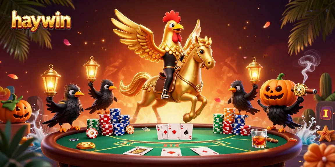 Engage with haywin's thrilling casino experience, featuring a unique golden rooster riding through vibrant gaming action.