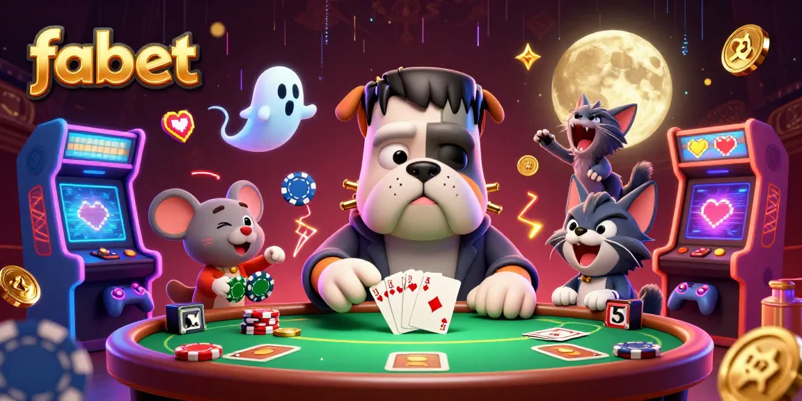 Engaging fabet casino scene featuring a Frankenstein bulldog dealing poker cards alongside a werewolf kitten.