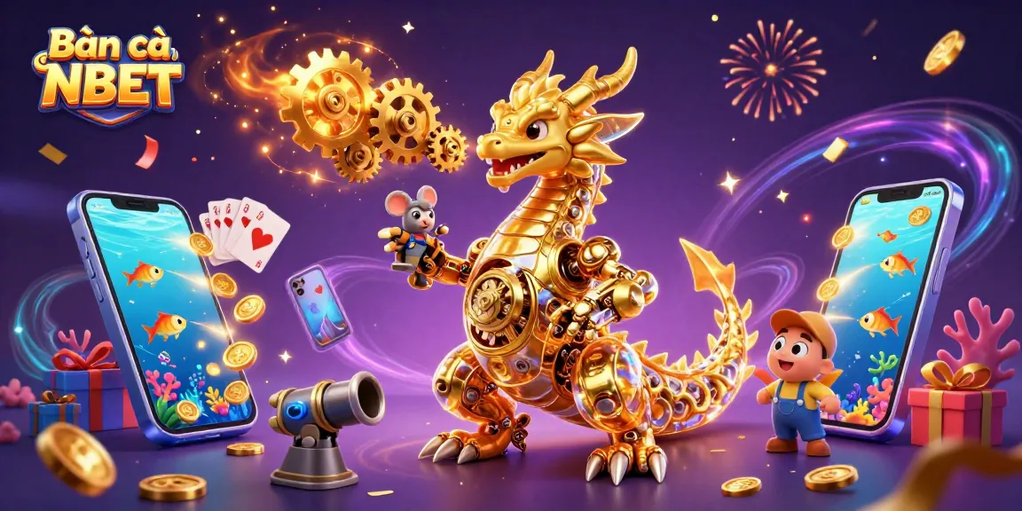 Bắn cá NBET features a vibrant scene with a golden dragon and a mouse engineer amid colorful fish shooting game elements.