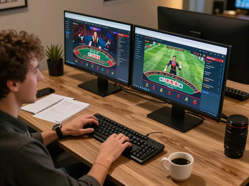 Gamers engaging with f8betz interface during an online blackjack session at a modern desk.