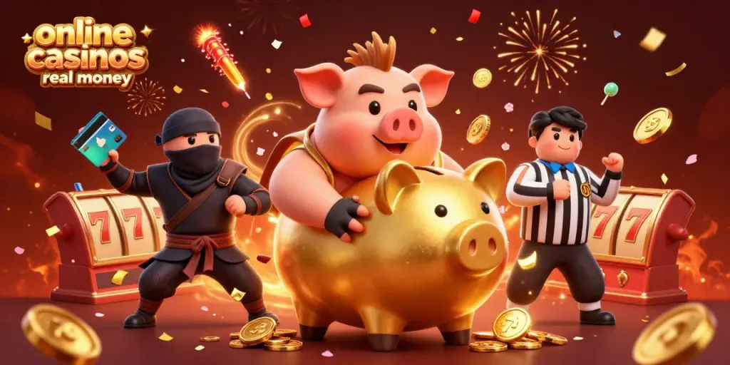 Experience vibrant action in online casinos real money with a golden piggy bank wrestler, ninja, and referee amidst festive elements.