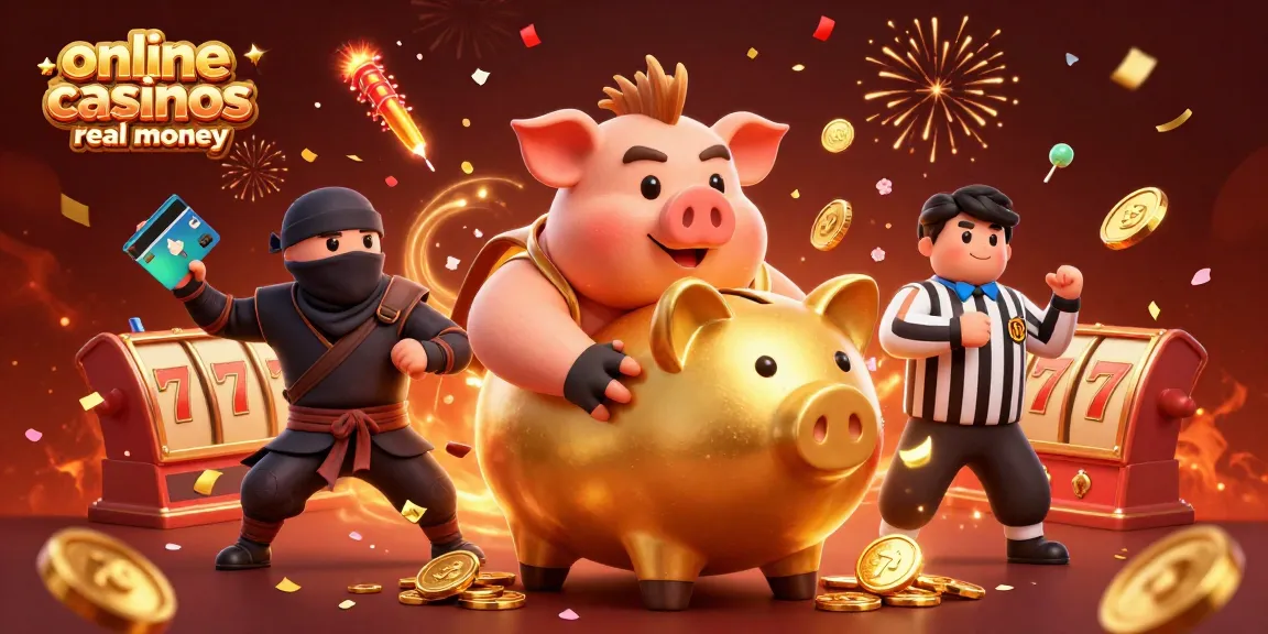Experience vibrant action in online casinos real money with a golden piggy bank wrestler, ninja, and referee amidst festive elements.
