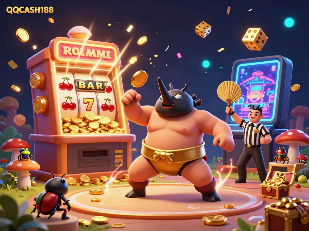 Experience thrilling gaming at QQCASH188 with our dynamic slot machine and vibrant characters.