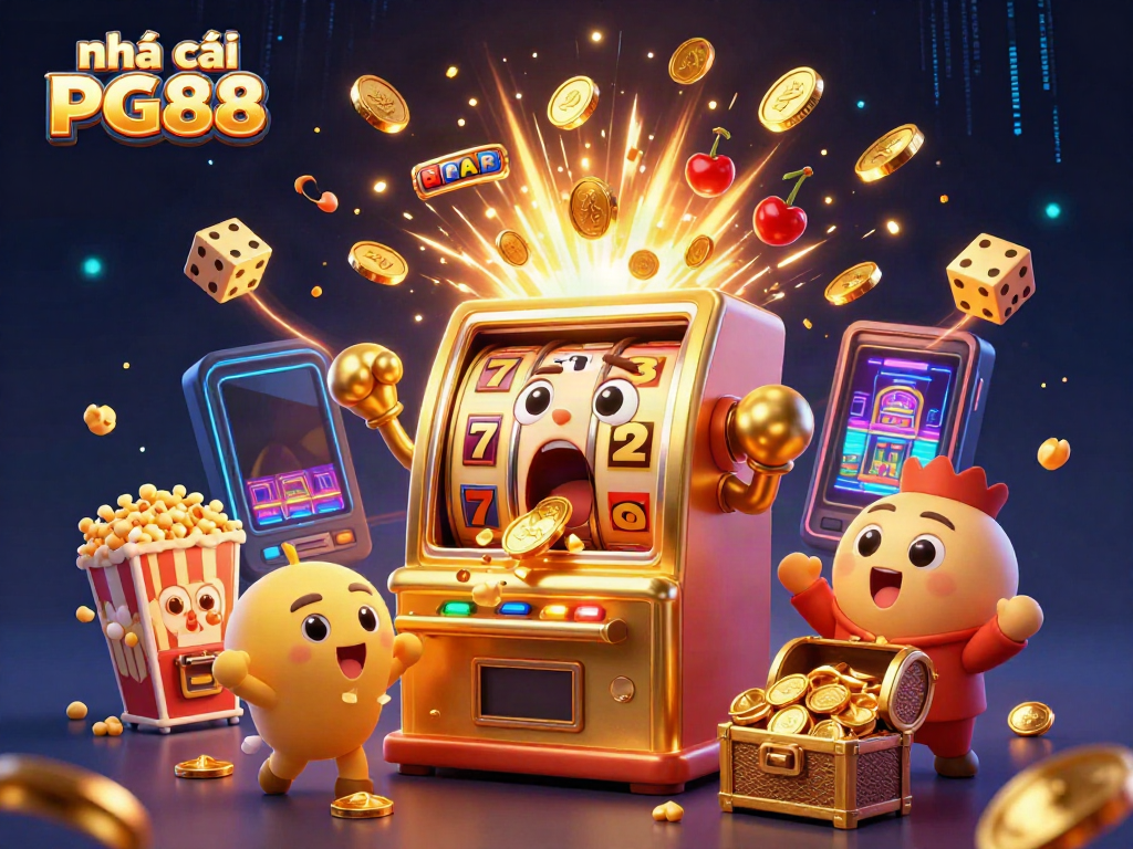 Engage in exciting gameplay with nhà cái PG88's vibrant jackpot scene featuring a lively golden slot machine!