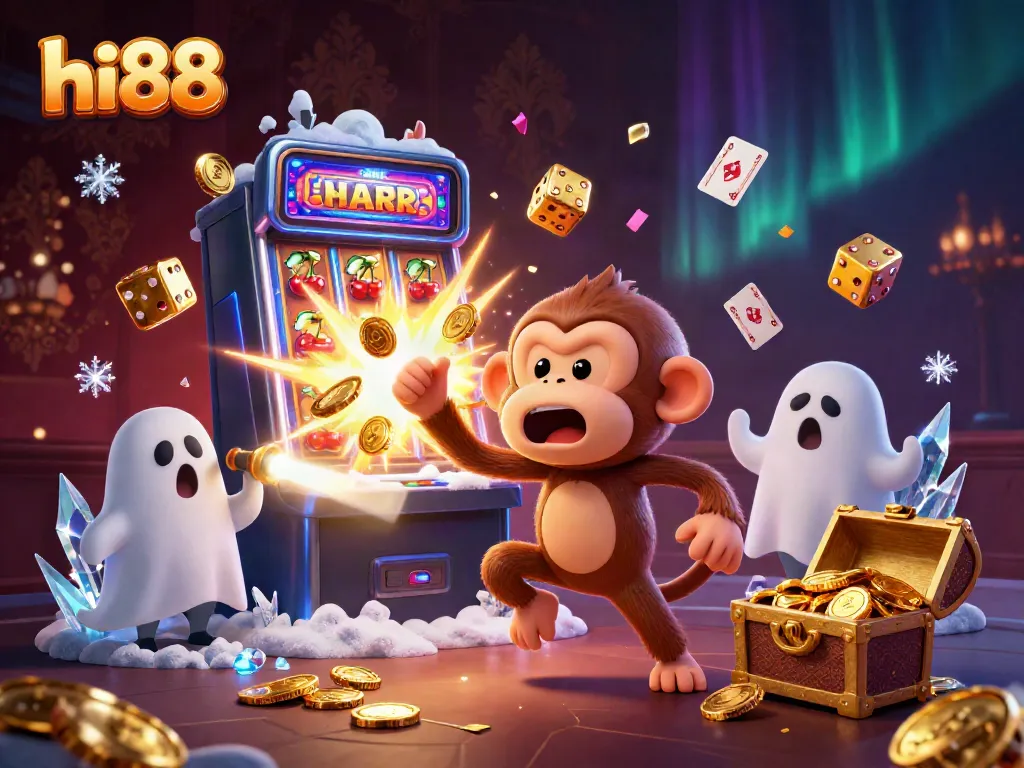 Experience the excitement of the hi88 casino with a playful poltergeist monkey juggling golden treasures and a curious ghost-hunter puppy.