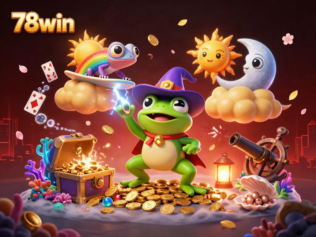 Engage in casino fun with 78win, featuring cartoon characters amid golden coins and vibrant game elements.