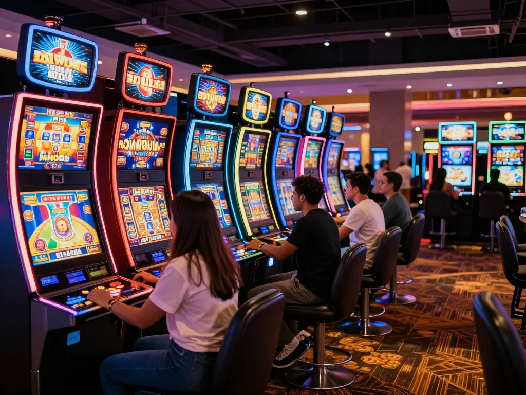 B52club players enjoying an exciting moment at vibrant slot machines in a lively casino.