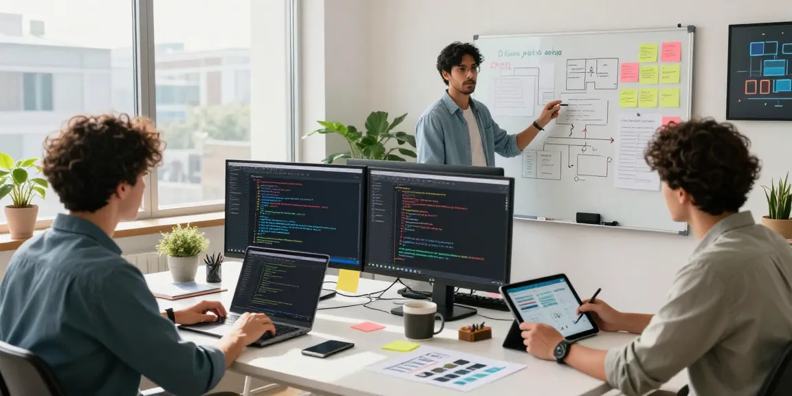 Web development company in Malaysia team collaborating at a modern office desk with computers and digital notes.