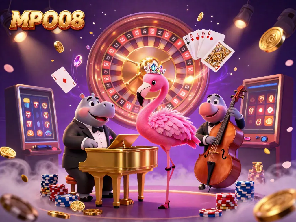 MPO08 provides a vibrant 3D casino scene with a flamingo singer and hippo bassist amid golden coins and roulette.