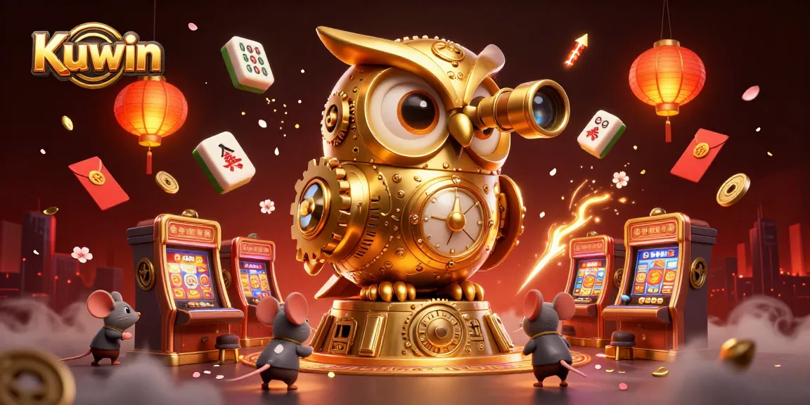 Kuwin showcases a vibrant and dynamic casino scene, featuring a golden owl and whimsical mice among gaming elements.
