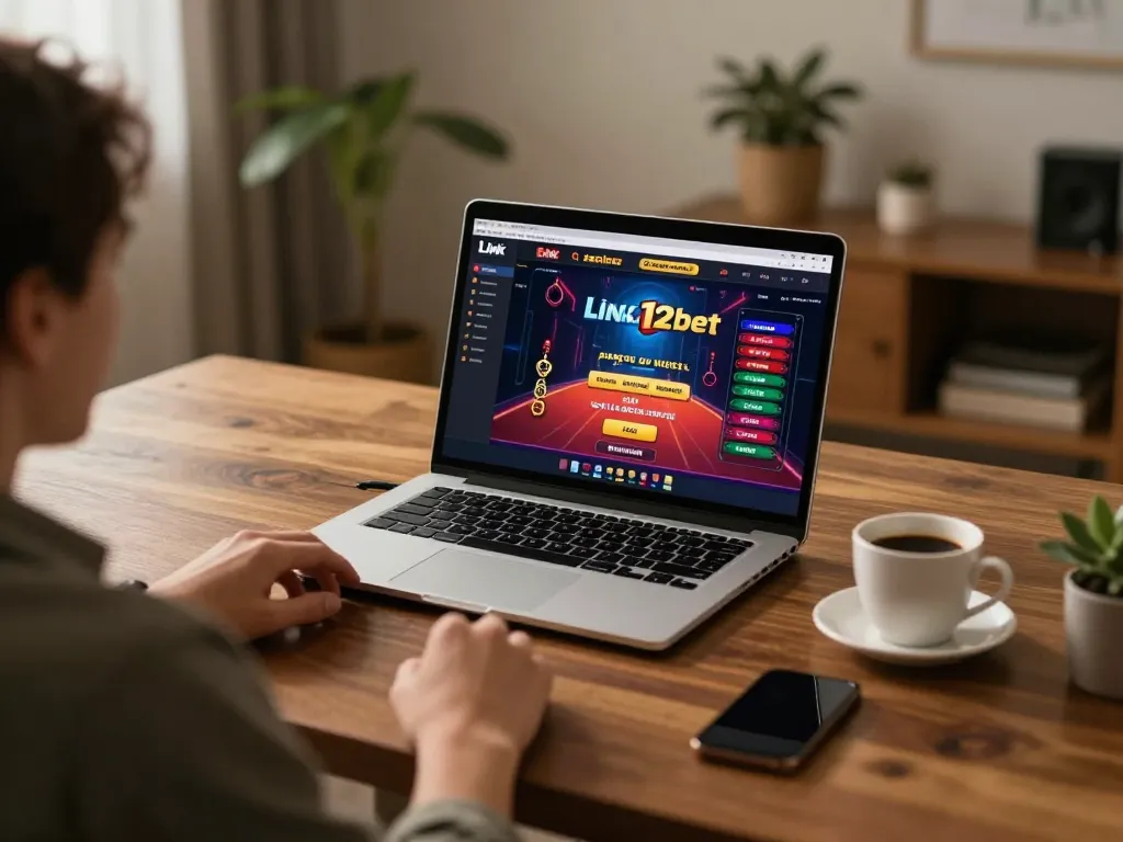 Trải nghiệm trò chơi hấp dẫn tại nhà với Link 12bet được hiển thị trên màn hình laptop, thể hiện sự hồi hộp của casino trực tuyến.
