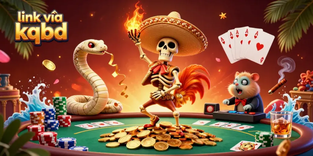 Experience the energetic victory dance in the vibrant link vào kqbd scene featuring animated characters amidst a colorful casino atmosphere.