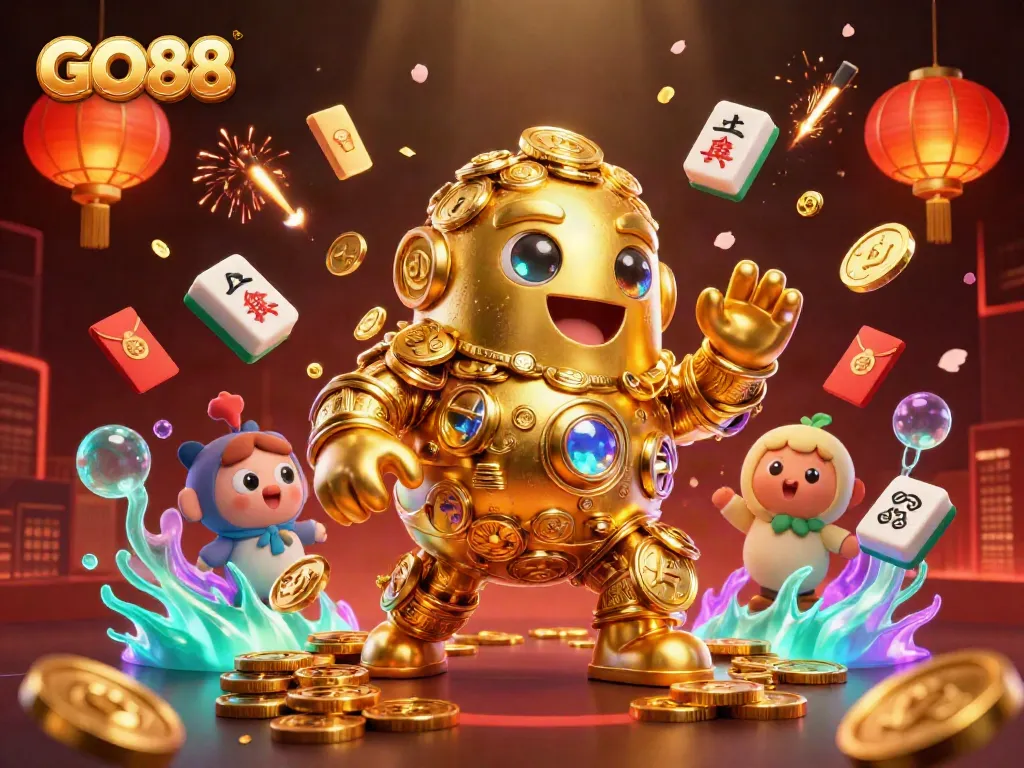 Engage in thrilling gameplay at GO88 with vibrant casino elements and a captivating golden golem.