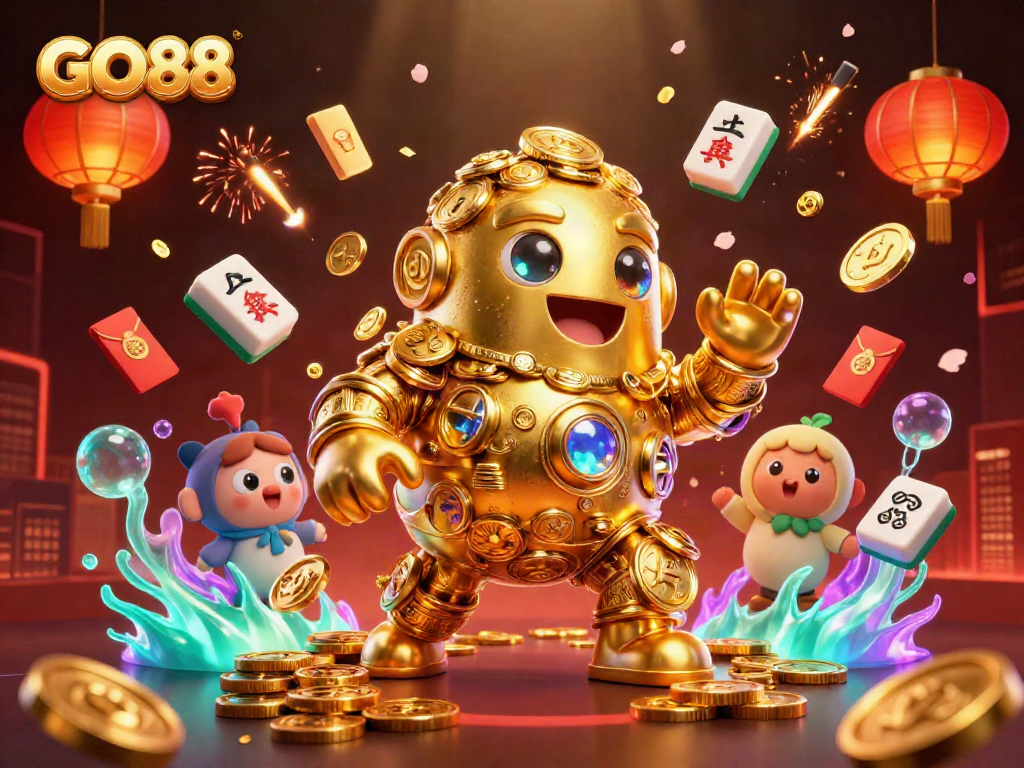 Engage in thrilling gameplay at GO88 with vibrant casino elements and a captivating golden golem.