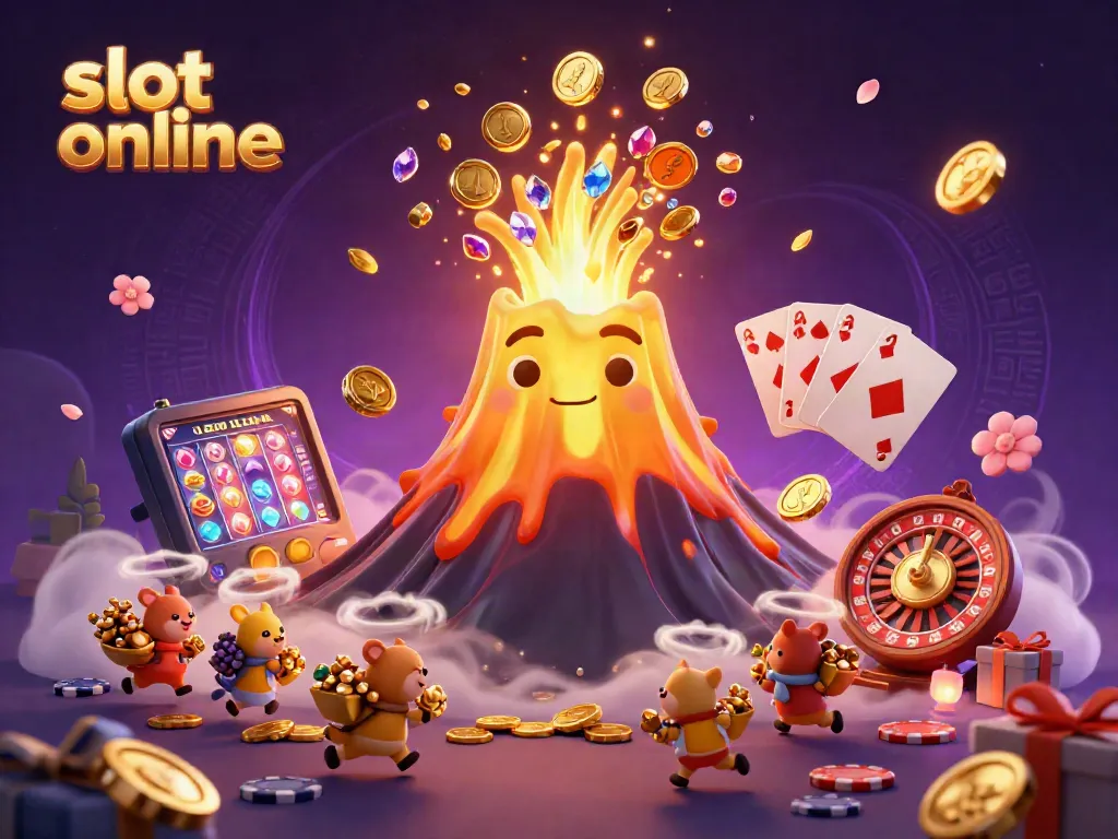 Experience thrilling action in a vibrant slot online scene with a golden volcano erupting treasures and 3D game elements.