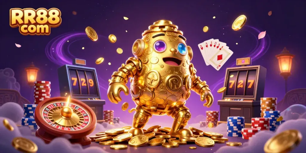 Experience the thrill of RR88 com with a vibrant casino-themed illustration featuring golden golems and dynamic game elements.