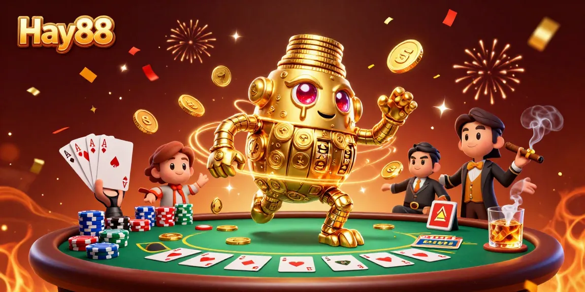 Experience the excitement of Hay88 with a golden golem surrounded by poker elements and casino action.