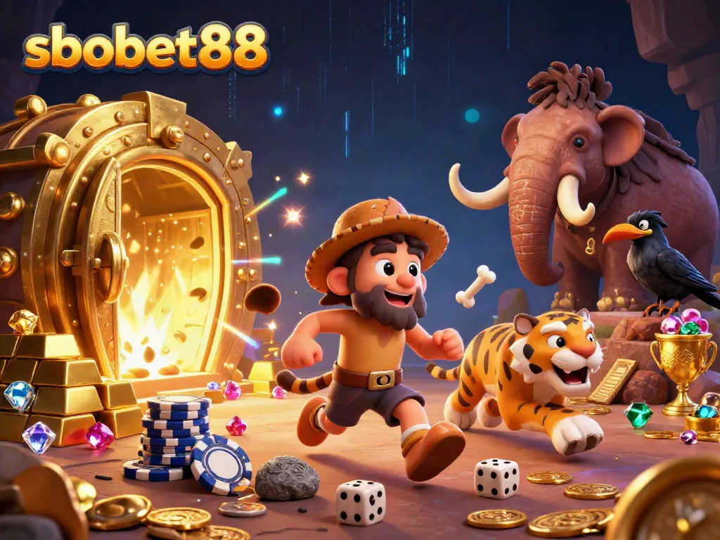 Engage in thrilling sbobet88 gaming amidst a vibrant prehistoric casino with cavemen and treasures.