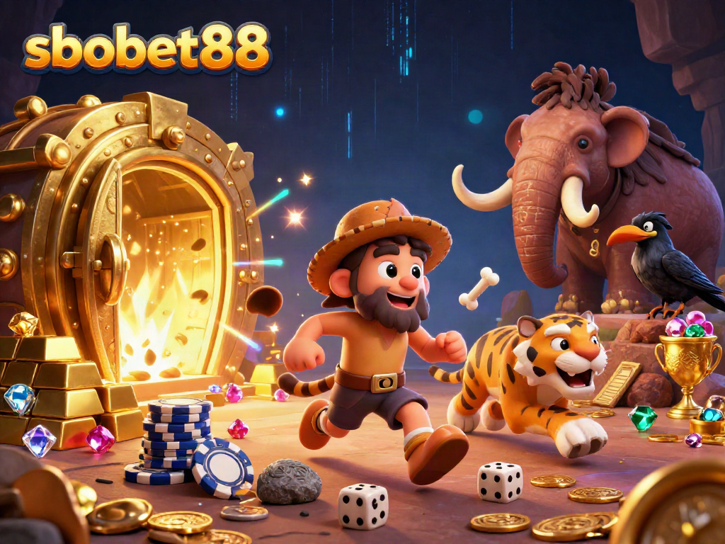 Engage in thrilling sbobet88 gaming amidst a vibrant prehistoric casino with cavemen and treasures.