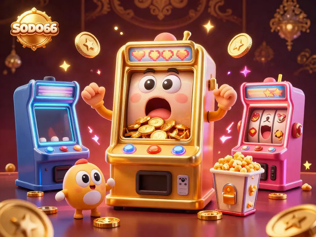 SODO66 celebrates big wins with a cartoon slot machine hitting jackpot while coins pour out, surrounded by vibrant arcade games and cheering baby slots.
