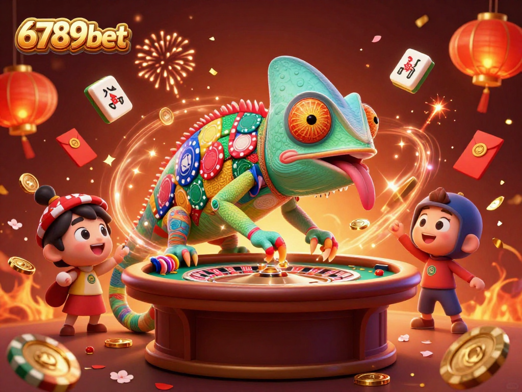 Experience the vibrant energy of 6789bet with a playful chameleon and dynamic casino elements.