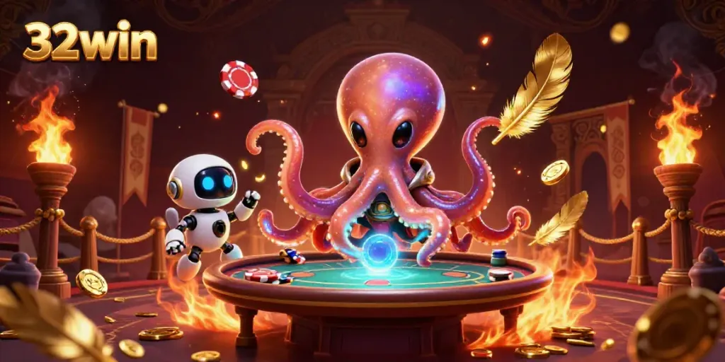 Immerse in the 32win world with a vibrant, dynamic scene featuring an alien octopus at a holographic poker table.