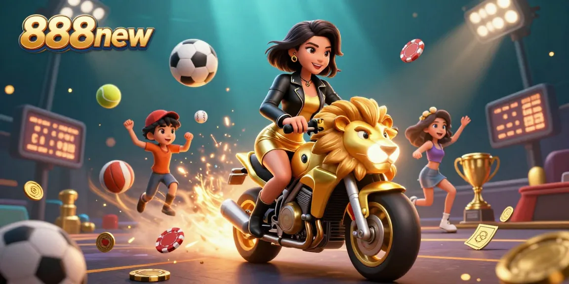 Experience excitement at 888new with a glamorous Asian rider on a golden lion, amidst flying sports elements and casino flair.