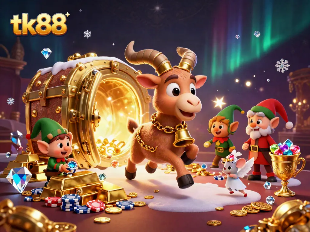 tk88 features a whimsical casino scene with Krampus, a mouse, and gremlins in playful action.
