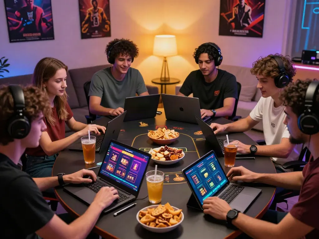 Engaging live casino gaming experience on red88 with friends sharing snacks.