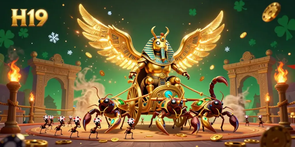 Experience the thrilling H19 casino atmosphere with a colossal golden scarab and gem-encrusted scorpions amidst swirling gold and ember sparks.