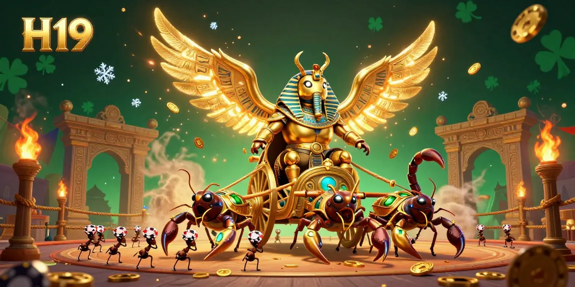 Experience the thrilling H19 casino atmosphere with a colossal golden scarab and gem-encrusted scorpions amidst swirling gold and ember sparks.