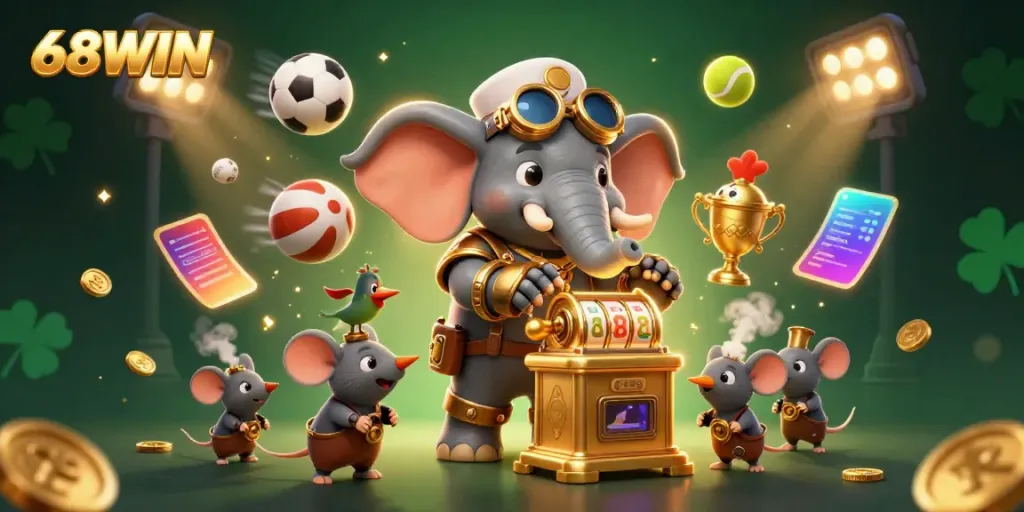 Experience exciting gameplay with 68WIN's steampunk elephant spinning a golden slot machine in a dynamic casino scene.