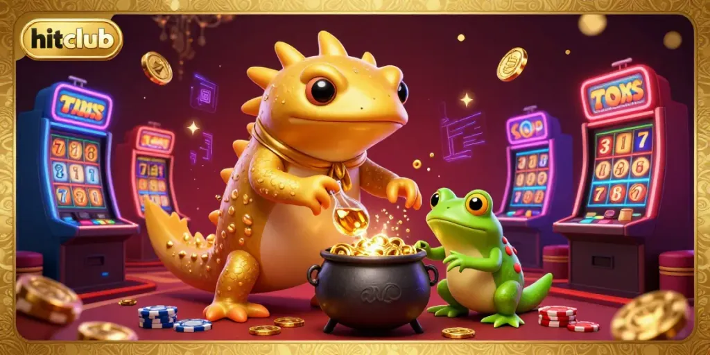 Engage with hitclub's vibrant casino world through a 3D illustration of a golden salamander alchemist creating gold.