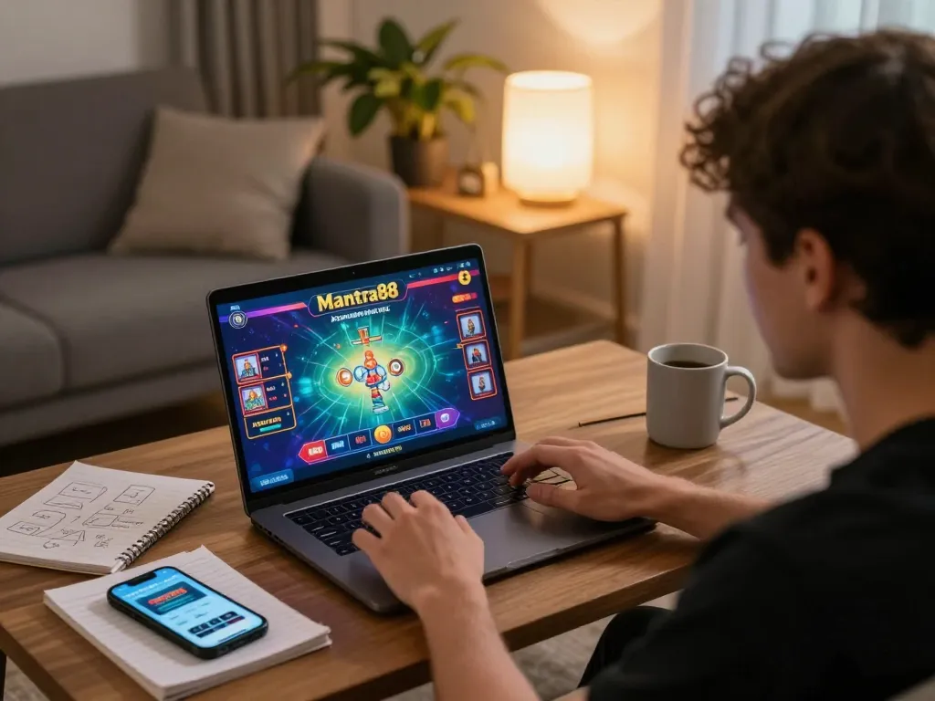 Play online mantra88 casino games on a laptop in a cozy living room setup