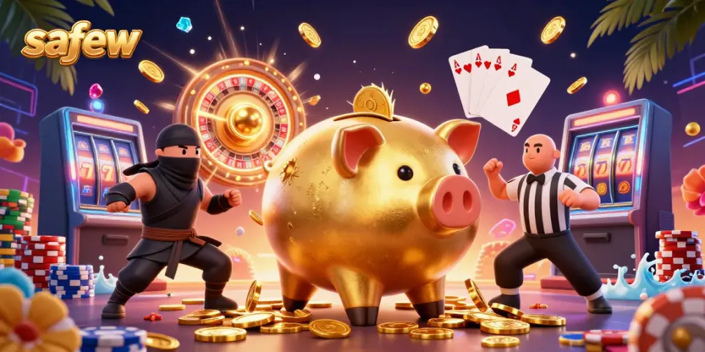 Engage in a winning strategy with safew in a vibrant casino backdrop featuring lively characters.
