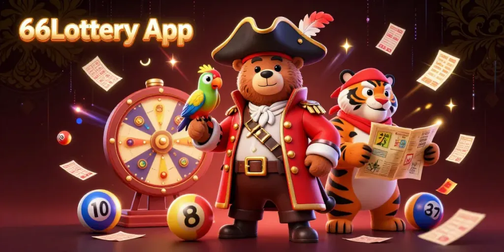 Engage with the 66Lottery App in a vibrant 3D scene featuring a pirate-themed lottery adventure.