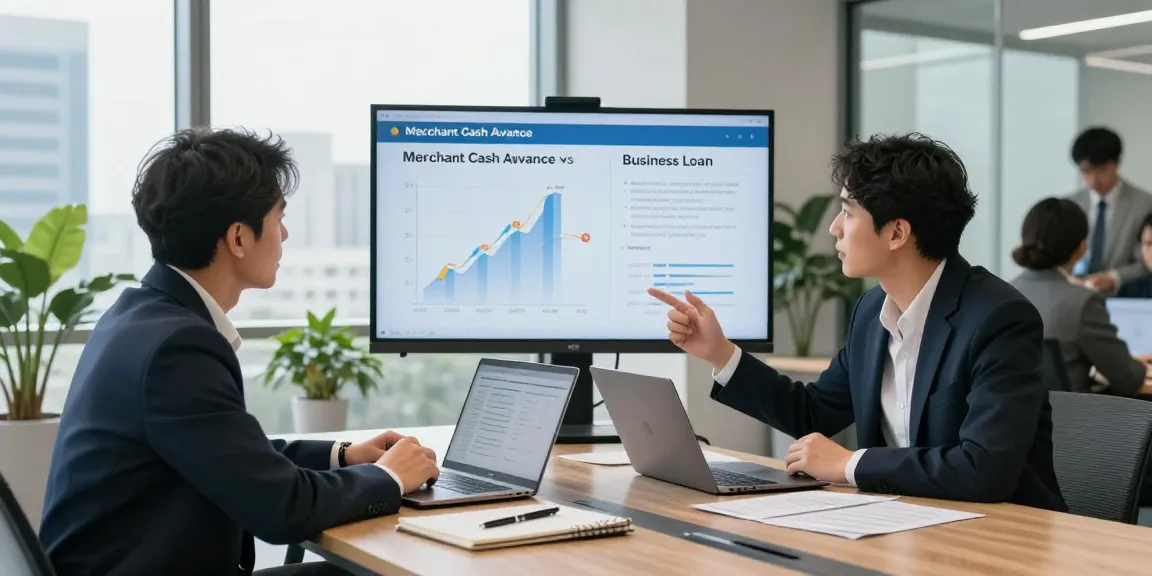 Professionals comparing merchant cash advance vs business loan in a modern office setting.