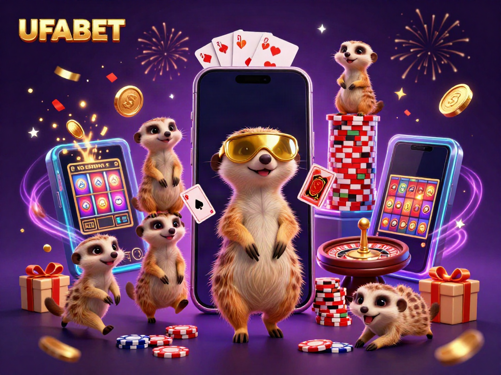 UFABET meerkats engaging in a lively casino operation surrounded by vibrant gaming elements.