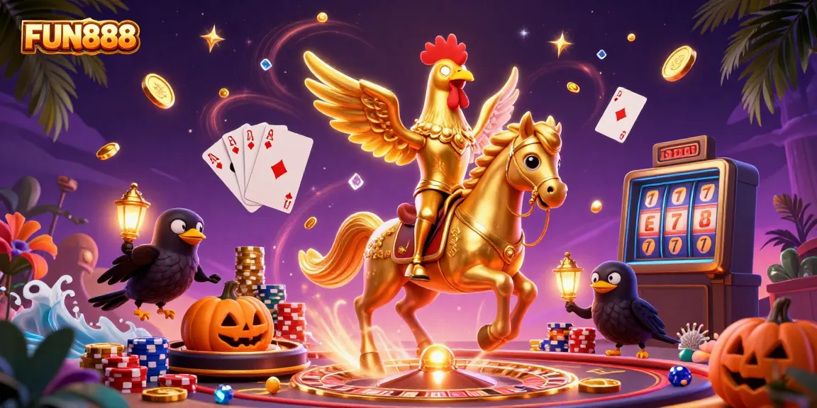 Experience the excitement of FUN888 with a golden rooster riding a spectral horse in a vibrant casino setting.