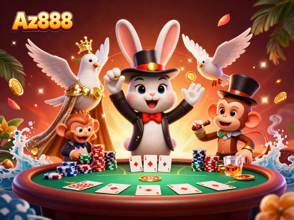 Experience the thrill with Az888, featuring a magician rabbit, assistant dove, and monkey amidst a vibrant poker scene.