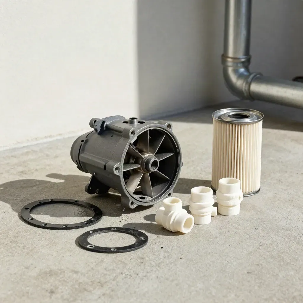 Open pool pump parts staged for reassembly on a concrete equipment pad.