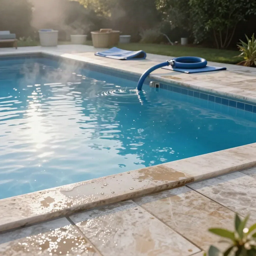 Rain-fresh pool at dawn with hose, skimmer basket, pump pad, and blue water.