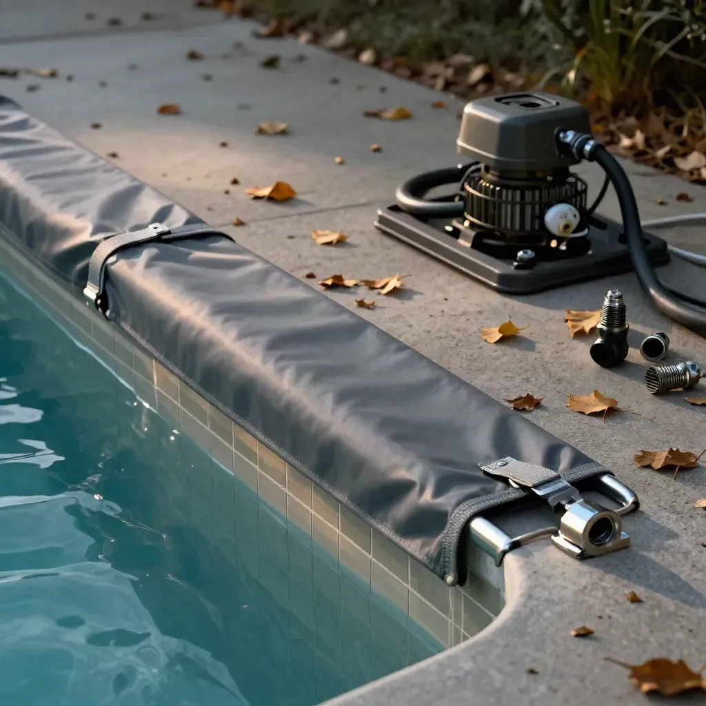 Winter pool cover straps, lowered waterline, and tidy equipment pad with fallen leaves