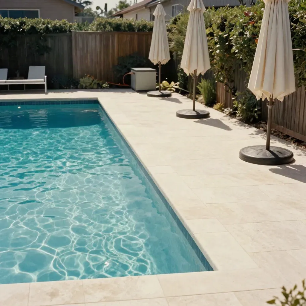 Guest-ready backyard pool with clear water, folded umbrellas, and a quietly running pump.