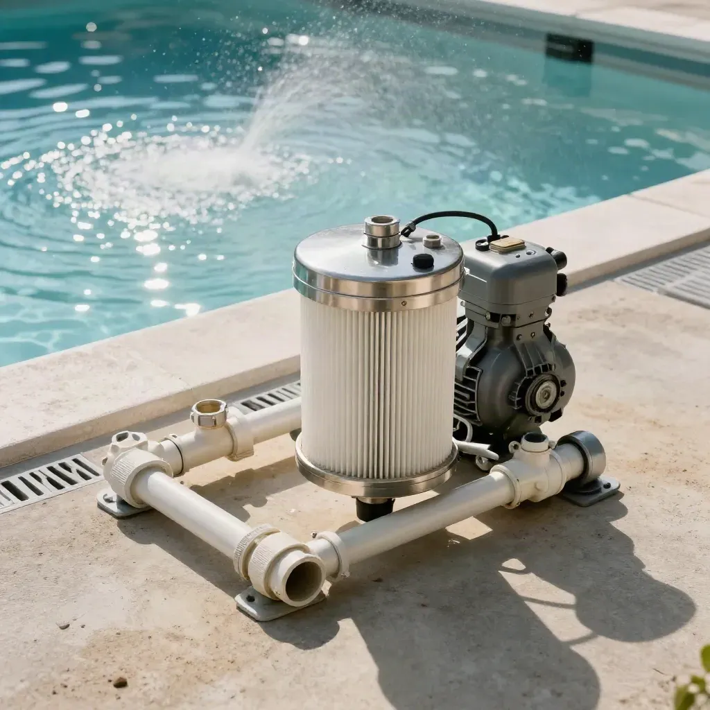 Restored pool filter and pump beside clear water with jets rippling across a dry equipment pad.