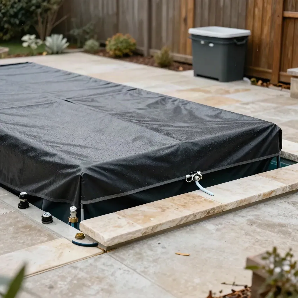 Winter pool cover taut over a closed pool beside sealed fittings and a dry equipment pad.